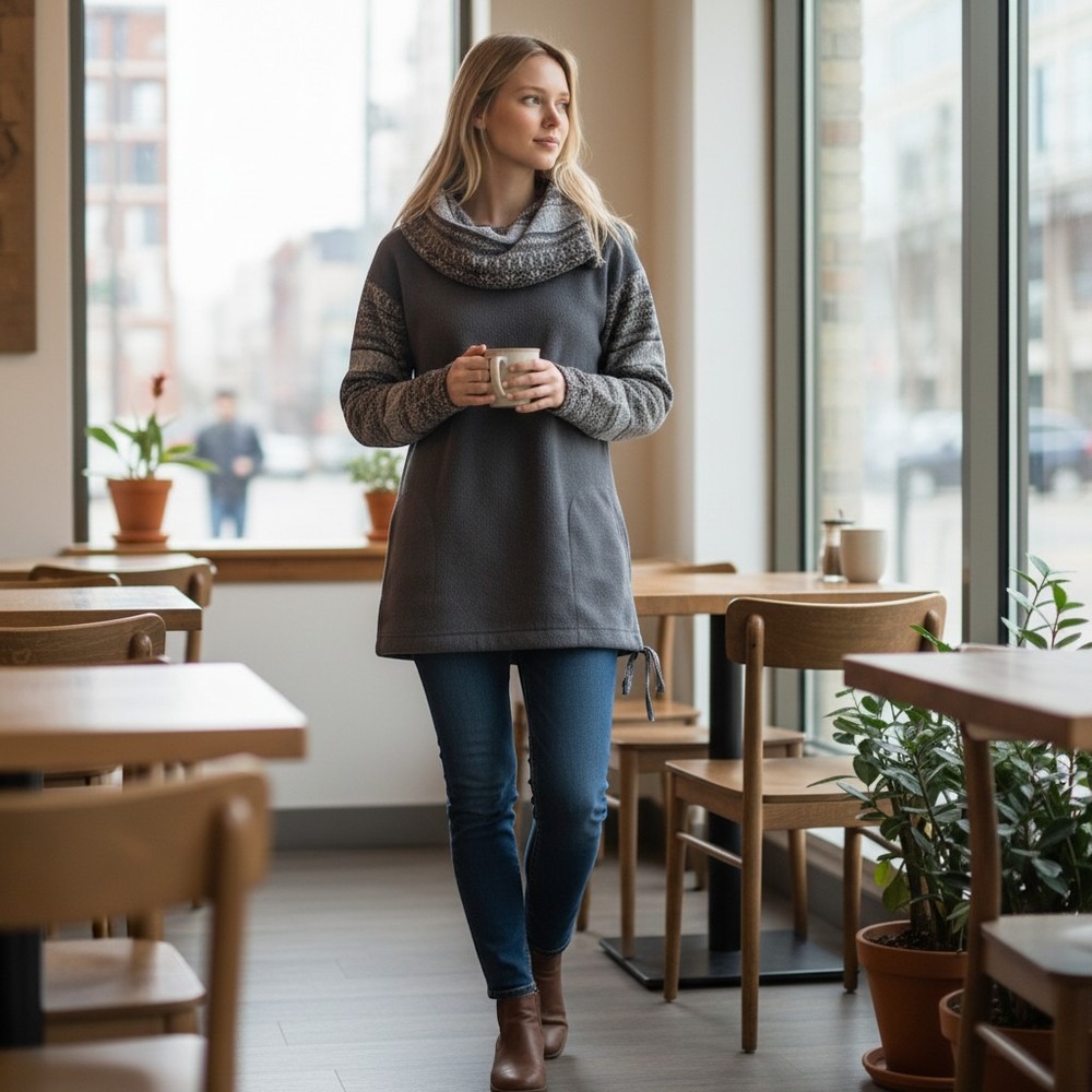 Saturday Sunday Fleece Pullover Womens S Gray‎ Fair Isle Cowl Neck Pockets Cozy